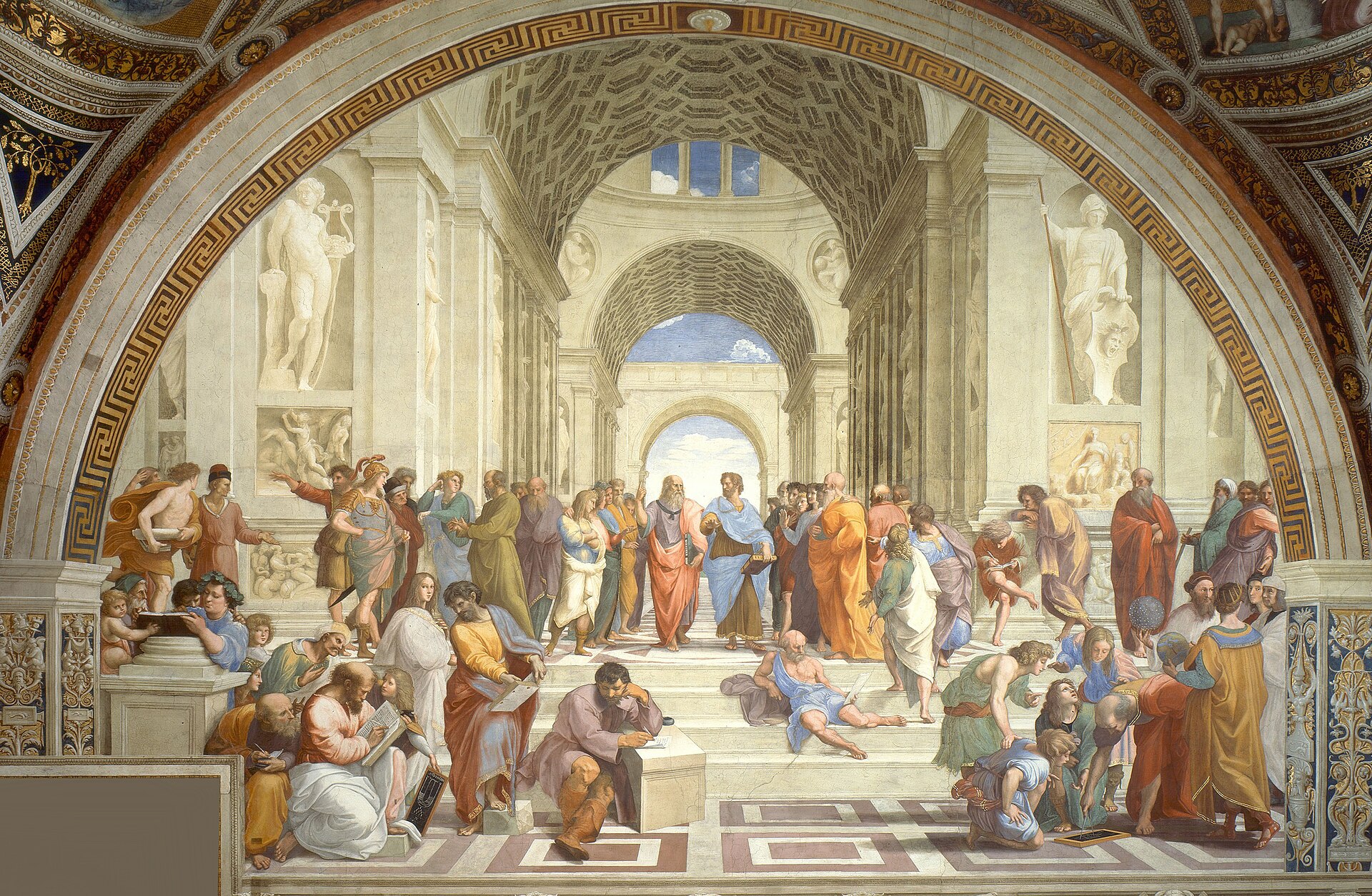 Raphael's The School of Athens, showing ancient philosophers in a Renaissance architectural scene.