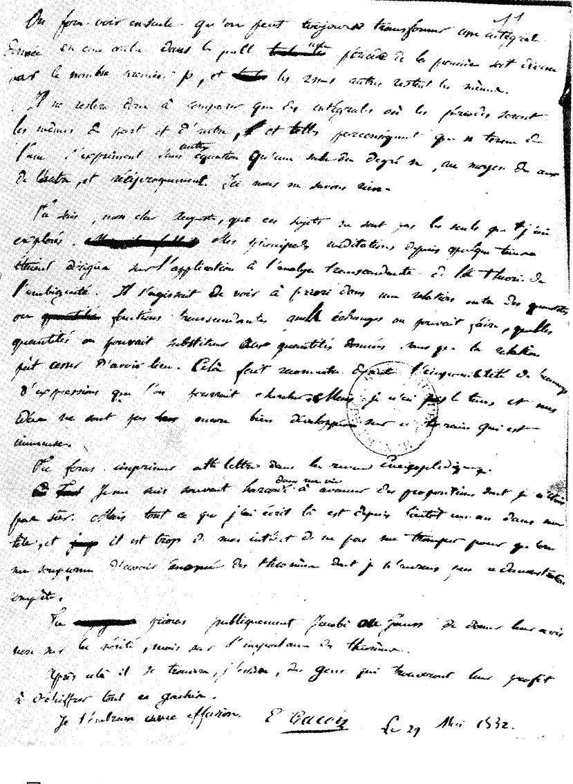 Last page of Évariste Galois's letter to Auguste Chevalier.